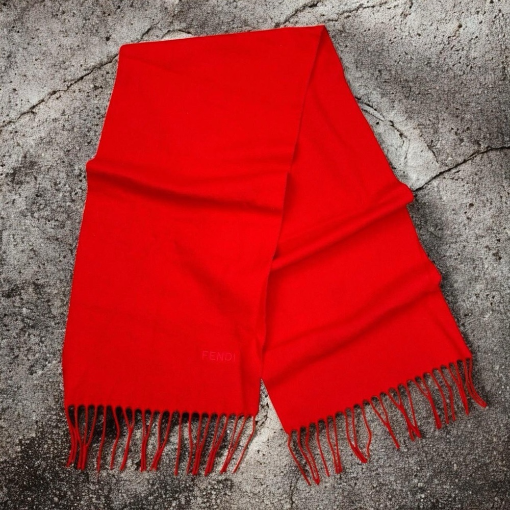 Fendi Vibrant Red Fringe Wool Scarf